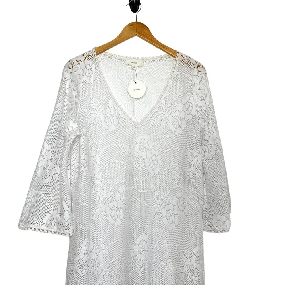 En Creme Womens Lace Swim Coverup Dress Sz Large White Bobble Trim